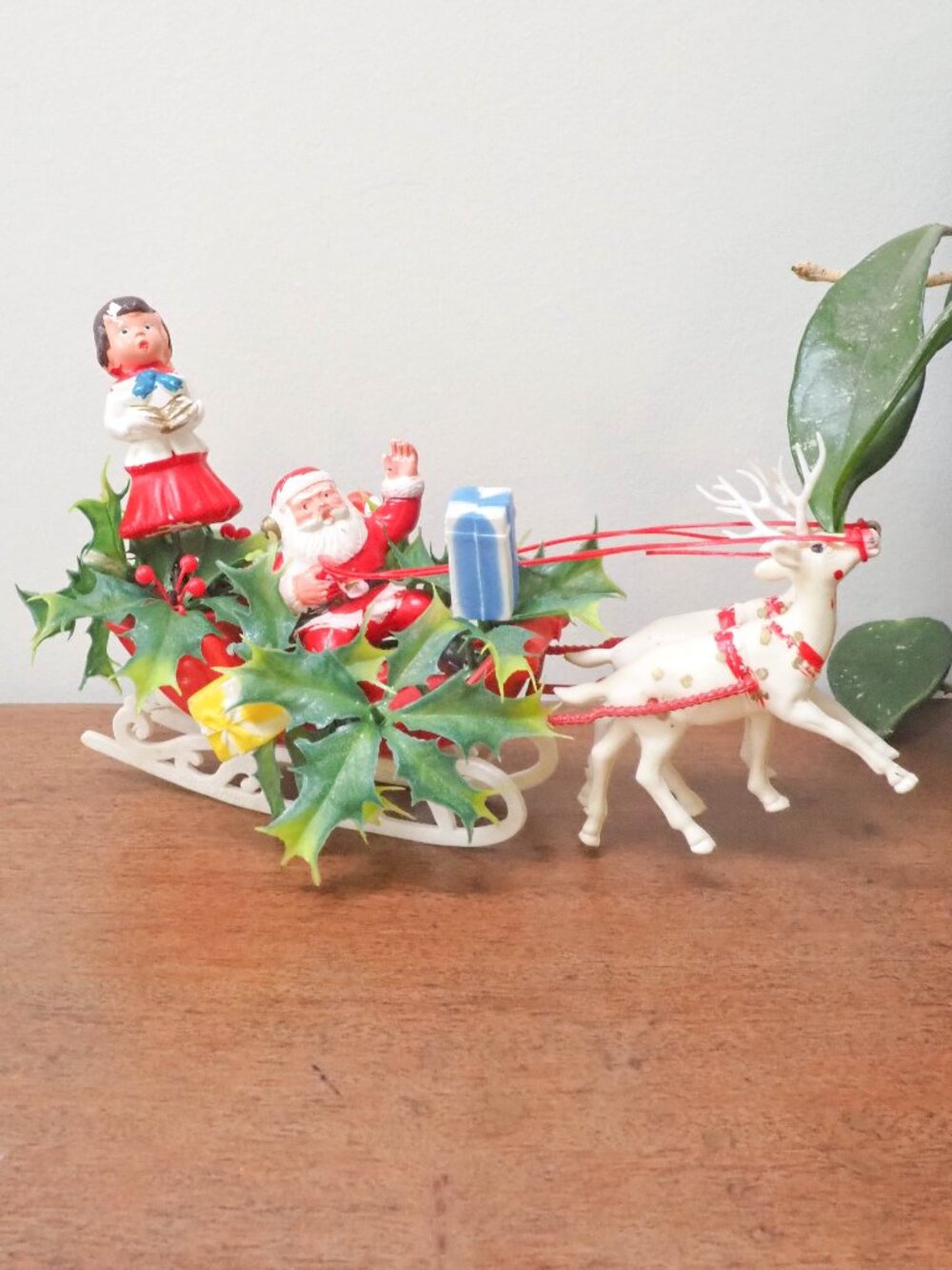 Vtg Plastic Santa Claus on Sleigh with Reindeer - 11.5 Inches Long - Blow Mold